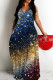 Dark Blue Sexy Casual Print Backless Spaghetti Strap Long Dresses