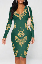 Green Elegant Print Patchwork V Neck Wrapped Skirt Dresses