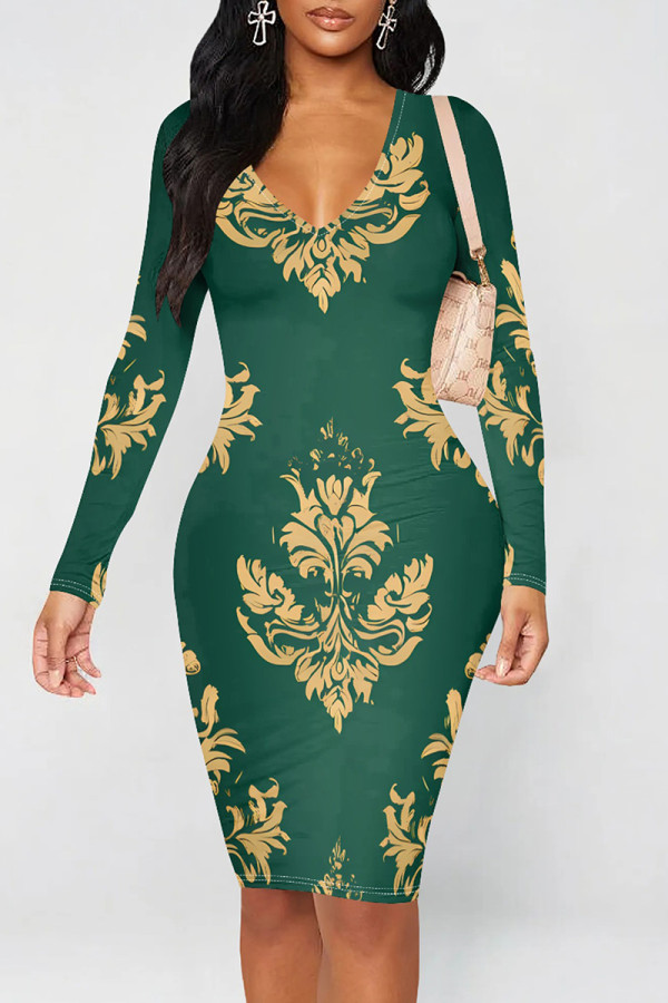 Green Elegant Print Patchwork V Neck Wrapped Skirt Dresses