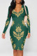 Green Elegant Print Patchwork V Neck Wrapped Skirt Dresses
