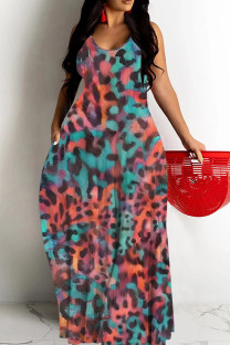 Leopard Print Sexy Casual Print Backless Spaghetti Strap Long Dresses