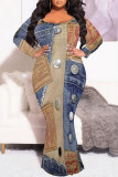 Multicolor Sexy Faux Denim Print Contrast V Neck Fishtail Plus Size Dresses