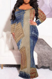 Multicolor Sexy Faux Denim Print Contrast V Neck Fishtail Plus Size Dresses