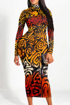 Red Yellow Street Elegant Geometric Print Flowers Contrast Half A Turtleneck Printed Dresses