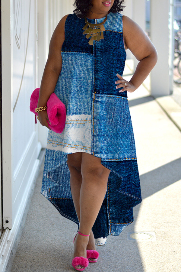 Blue Casual Faux Denim Print Irregular O Neck Sleeveless Plus Size Dresses