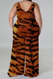 Brown Casual Print Backless V Neck Plus Size Jumpsuits (With Headscarf)