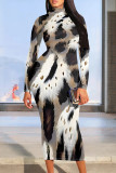 Gray White Street Elegant Geometric Print Flowers Contrast Half A Turtleneck Printed Dresses