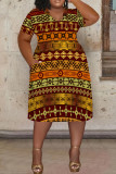 Orange Purple Casual Print Pocket Patchwork V Neck Printed Plus Size Dresses
