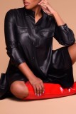 Black Casual Solid Color Pocket Turndown Collar Long Sleeve Dresses