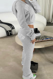 Grey Casual Letters Draw String Pocket Patchwork Zipper Zipper Collar Long Sleeve Two Pieces