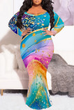 White Sexy Street Leopard Print Gradient Contrast V Neck Fishtail Plus Size Dresses