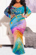 Multi-color Sexy Street Leopard Print Gradient Contrast V Neck Fishtail Plus Size Dresses