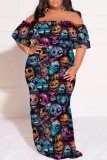 Blue Casual Print Patchwork Off Shoulder Long Plus Size Dresses