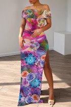 Light Purple Casual Floral Print Slit Off Shoulder Long Dresses