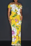 Yellow Casual Floral Print Slit Off Shoulder Long Dresses
