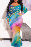 White Sexy Street Leopard Print Gradient Contrast V Neck Fishtail Plus Size Dresses