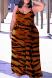 Brown Casual Print Backless V Neck Plus Size Jumpsuits (With Headscarf)