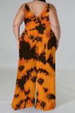 Brown Casual Print Backless V Neck Plus Size Jumpsuits (With Headscarf)
