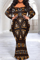 Dark Brown Elegant Print Patchwork O Neck Long Plus Size Dresses