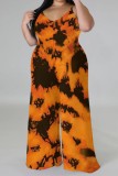 Brown Casual Print Backless V Neck Plus Size Jumpsuits (With Headscarf)