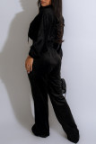 Grey Casual Solid Color Draw String Pocket Patchwork Zipper Zipper Collar Long Sleeve Two Pieces