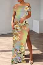 Light Color Casual Print Slit Off Shoulder Long Dresses
