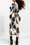Gray White Street Elegant Geometric Print Flowers Contrast Half A Turtleneck Printed Dresses