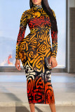 Gray White Street Elegant Geometric Print Flowers Contrast Half A Turtleneck Printed Dresses