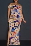 Black Casual Print Slit Off Shoulder Long Dresses