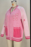 Pink Casual Digital Patchwork Zipper Collar Outerwear