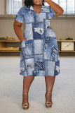 Dark Blue Casual Street Faux Denim Print Pocket Contrast V Neck Printed Plus Size Dresses