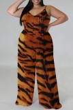 Brown Casual Print Backless V Neck Plus Size Jumpsuits (With Headscarf)