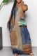 Blue Coffee Sexy Faux Denim Print Pocket Contrast V Neck Printed Dresses