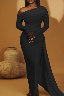 Black Elegant Solid Color Patchwork Oblique Collar Long Dresses
