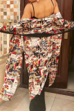 Multicolor Casual Print Patchwork Strap Design Turndown Collar Outerwear