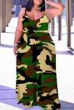 Brown Casual Print Backless V Neck Plus Size Jumpsuits (With Headscarf)