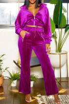 Rose Red Casual Solid Color Zipper Turndown Collar Long Sleeve Two Pieces