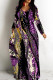 Black Purple Casual Print Basic V Neck Long Dresses
