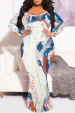 White Sexy Street Leopard Print Gradient Contrast V Neck Fishtail Plus Size Dresses