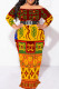 Orange Yellow Elegant Print Patchwork Backless Off Shoulder Printed Plus Size Dresses