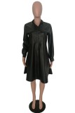 Black Casual Solid Color Pocket Turndown Collar Long Sleeve Dresses