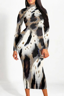 Gray White Street Elegant Geometric Print Flowers Contrast Half A Turtleneck Printed Dresses