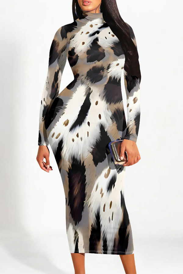 Gray White Street Elegant Geometric Print Flowers Contrast Half A Turtleneck Printed Dresses
