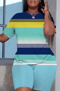 Blue Yellow Casual Print Basic O Neck Short Sleeve Two Pieces