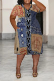 Dark Blue Casual Street Faux Denim Print Pocket Contrast V Neck Printed Plus Size Dresses