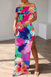 Yellow Casual Floral Print Slit Off Shoulder Long Dresses