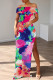 Blue Casual Floral Print Slit Off Shoulder Long Dresses