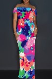 Yellow Casual Floral Print Slit Off Shoulder Long Dresses
