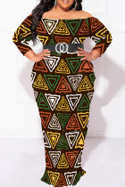 Multicolor Elegant Print Patchwork Backless Off Shoulder Printed Plus Size Dresses