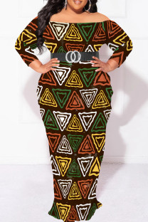 Multicolor Elegant Print Patchwork Backless Off Shoulder Printed Plus Size Dresses